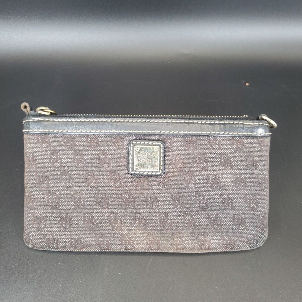 Dooney & Bourke Monogram Wristlet Zip Pouch Black Brown Leather Canvas